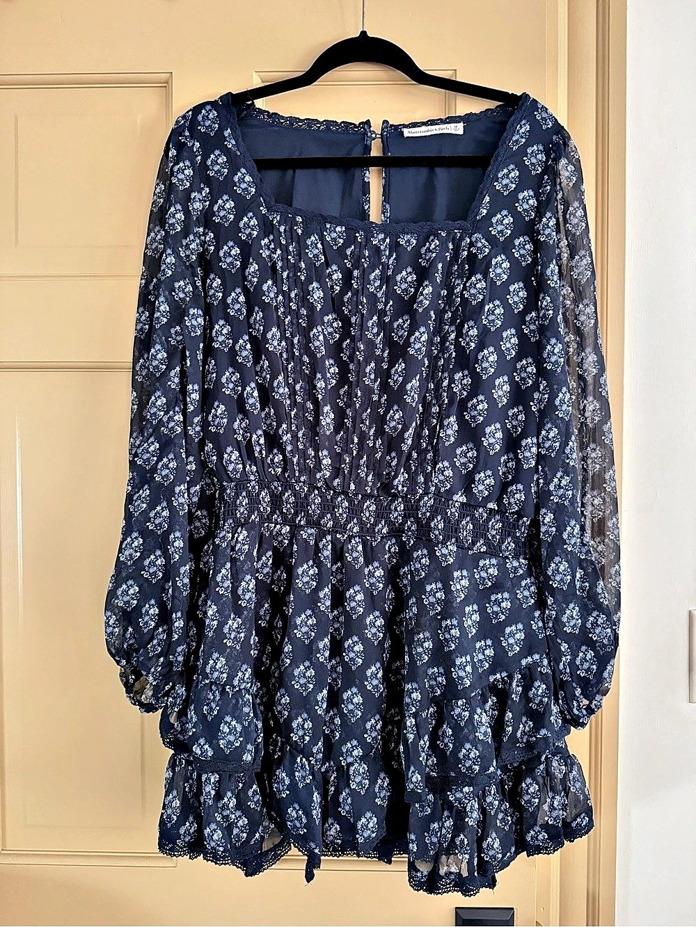 Abercrombie & Fitch Navy Floral Square-Neck Long-Sleeve Mini Dress Large